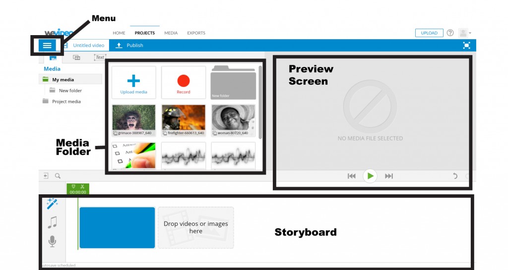 WeVideo Editor is consisted of a menu on the left, a media folder and preview screen in the centre, and a story board at the bottom