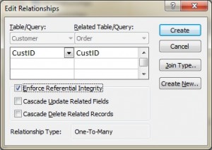 A screenshot of the Edit Relationships commend in MS Access.