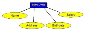 One blue rectangle with the word EMPLOYEE. This is connected with a line to four separate yellow ovals. Each has a different word inside it: Name, Address, Birthdate, Salary.