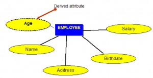 Blue rectangle with the word EMPLOYEE, and connected by a line to five different yellow ovals with the words: Age, Name, Address, Birthdate, Salary.