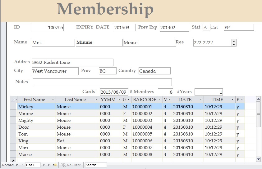 Snapshot of an online membership form. Underneath it is a spreadsheet with names, barcodes, date, and teim.