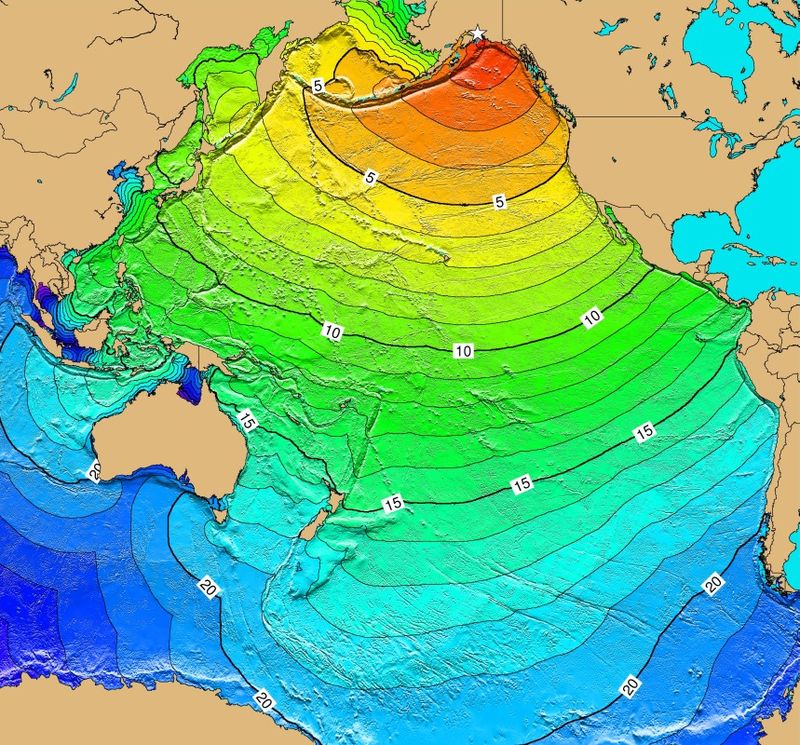 Figure 1. Calculated travel time map for the tectonic tsunami produced by the 1964 earthquake in Alaska. Map does not show the height or strength of the waves, only the calculated travel times.  Number represents time in hours for the wave to reach the destination.