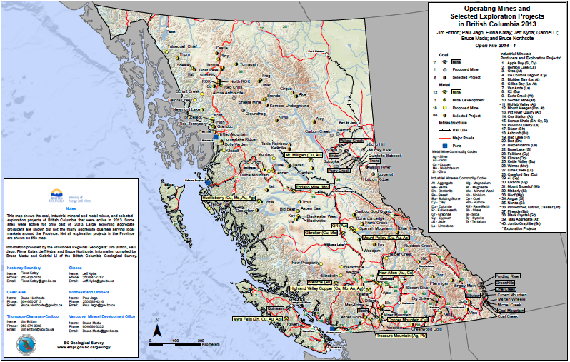 Figure 2. Operating Mines and Selected Exploration Projects in British Columbia 2013 by Ministry of Energy and Mines. CC-BY-NC-ND 4.0 (http://creativecommons.org/licenses/by-nc-nd/4.0/)