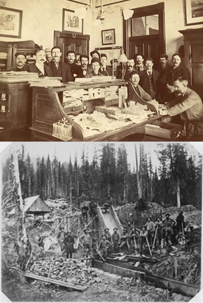 Figure 4.10: (top photo) Miners line up in Custom House Victoria for certificates to mine (bottom photo) miners in the field