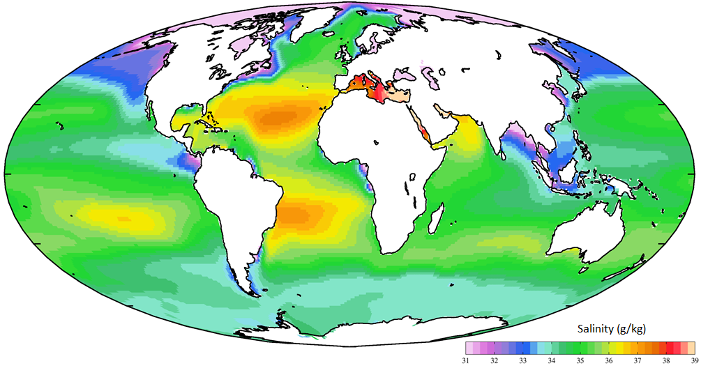Figure 18.13 The distribution of salinity in Earth’s oceans and major seas [https://upload.wikimedia.org/wikipedia/commons/d/d5/WOA09_sea-surf_SAL_AYool.png]
