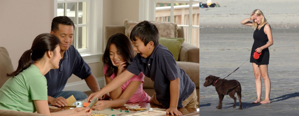 Photo 1: An Asian family plays a board game. Photo 2: A blonde woman stands alone with her dog.