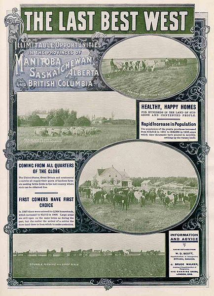 Government advertisement in 1907 to encourage immigration and settlement of the western provinces.