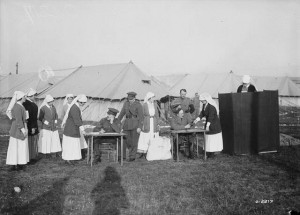 Only women serving in the armed forces during WWI, including nurses, were allowed to vote in federal elections. It was not until 1919 that the rest of women in Canada could vote federally. (Source: William Rider-Rider, Library and Archives Canada, # PA-002279 http://commons.wikimedia.org/wiki/File:Canadian_nurses_voting_1917.jpg