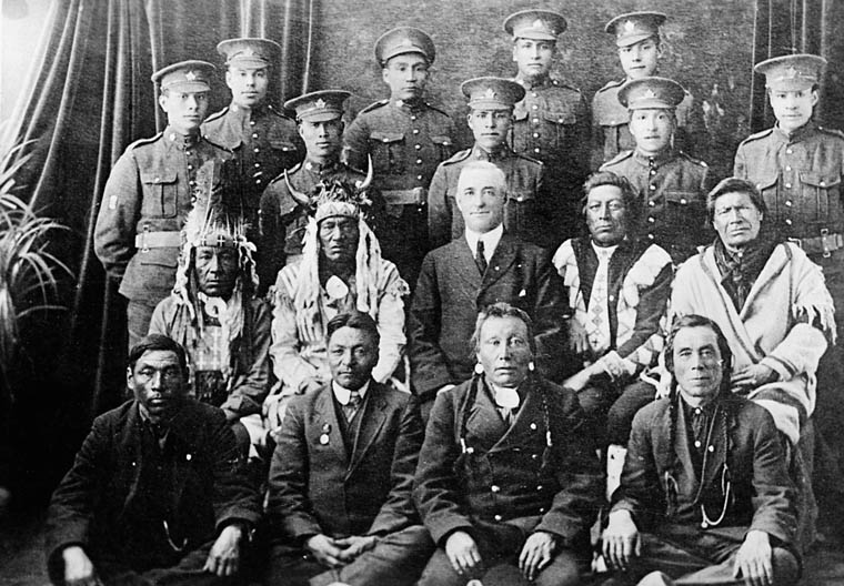 Elders and Indian soldiers in the uniform of the Canadian Expeditionary Force in World War 1.