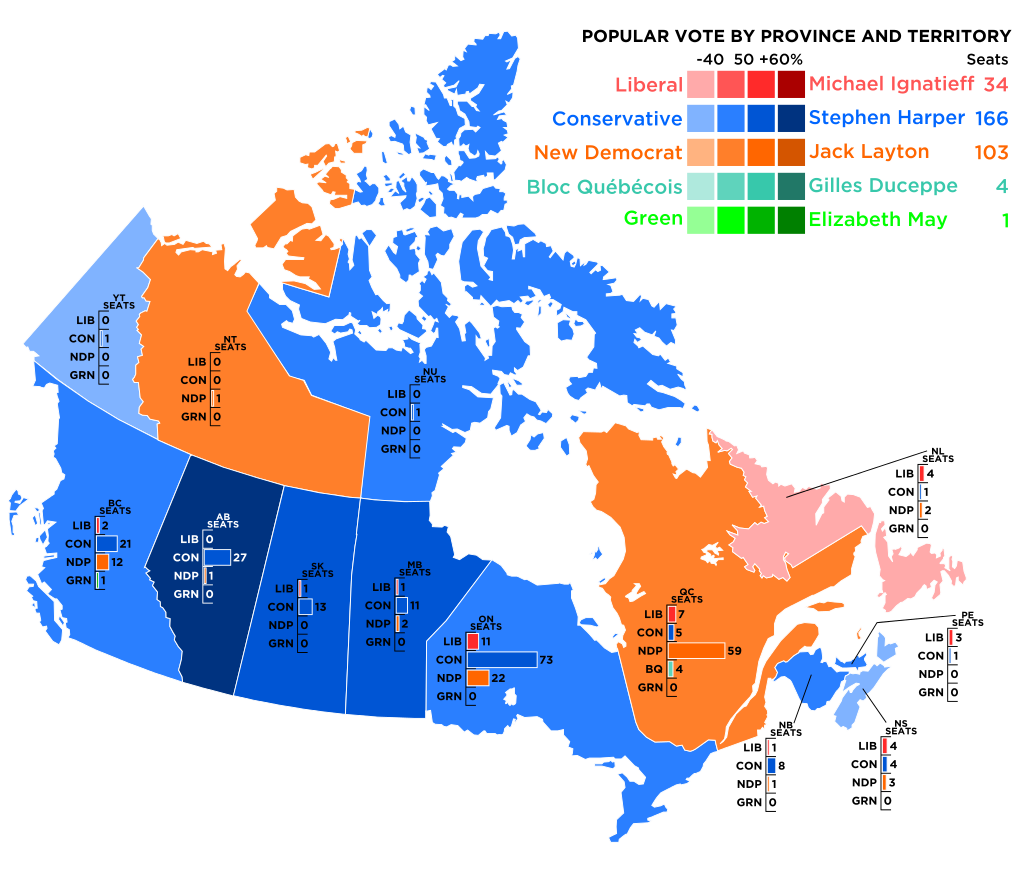 2011 Canadian popular vote by province and territory