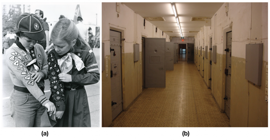 Figure a shows two girl guides; Figure b shows the hallway of a correctional facility.