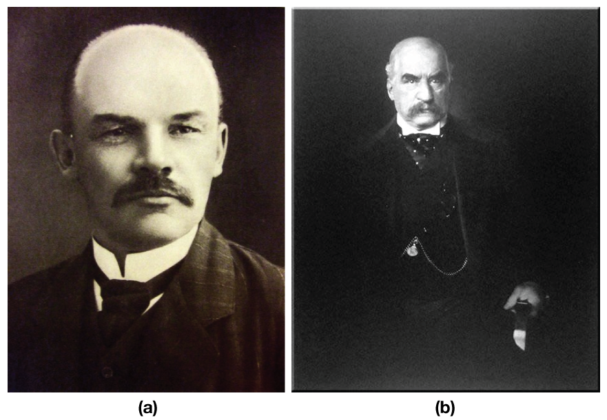 In figure (a), a photograph of Vladimir Ilyich Lenin is shown; In figure (b), a photograph of J.P. Morgan is shown.