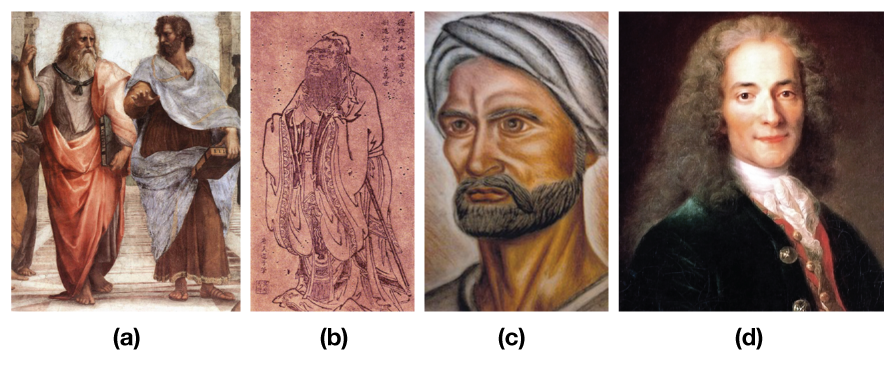Figure (a) shows two ancient Greeks; Figure (b) shows an ancient Chinese man; Figure (c) shows a portrait of Ibn Khaldun; Figure (d) shows a portrait of a Frenchman.