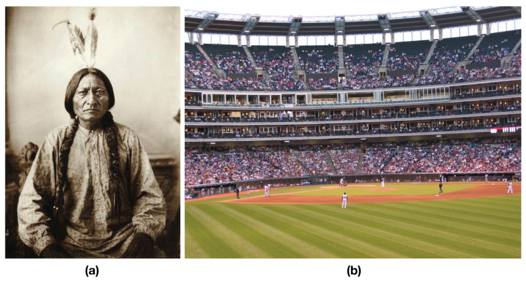 On the left is a photo of an Indian chief. On the right is a baseball stadium.