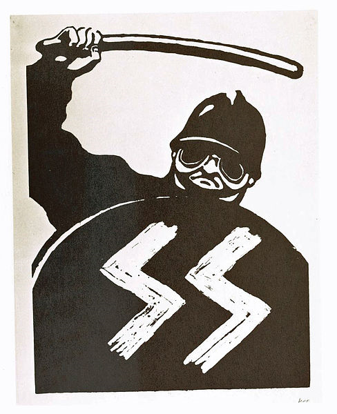 Protest poster of policeman using force