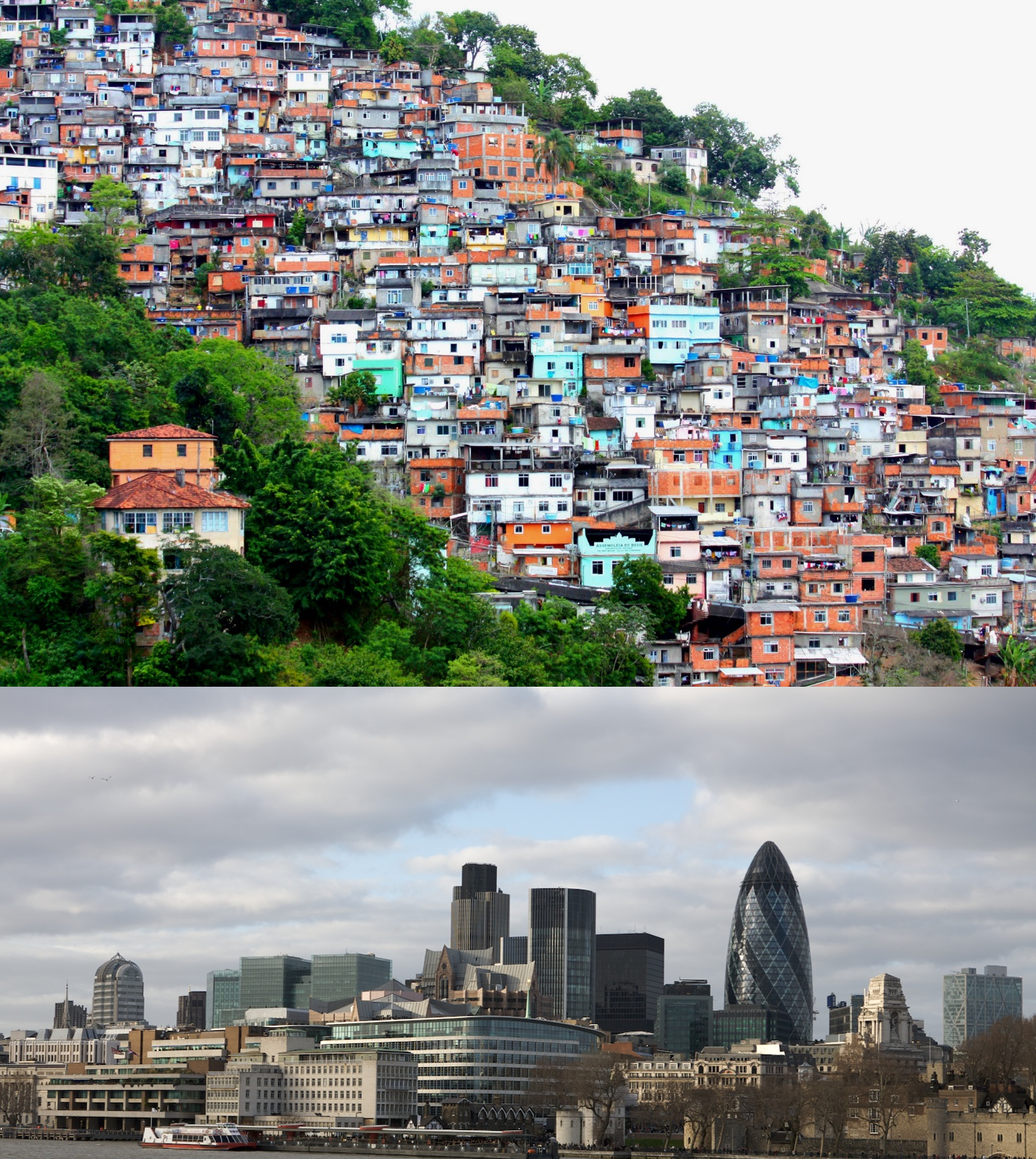 Contrasting photos of Rio de Janeiro and the London Financial District