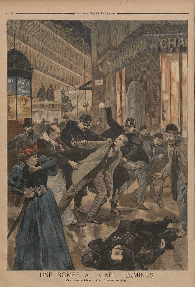 Painting depicting police apprehending a man who bombed Paris' Café Terminus