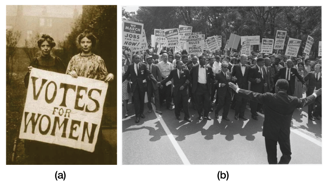 Figure (a) shows women advocating for voting rights; Figure (b) shows a large group of marchers for civil rights.