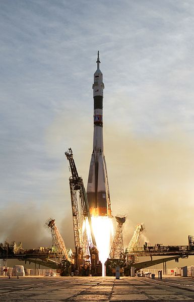 It takes a lot of energy to launch a rocket into space. The Saturn V rocket used five of the most powerful engines ever built to take its initial step into orbit. Source: “Soyuz TMA-5 launch” s in the public domain because it was solely created by NASA.