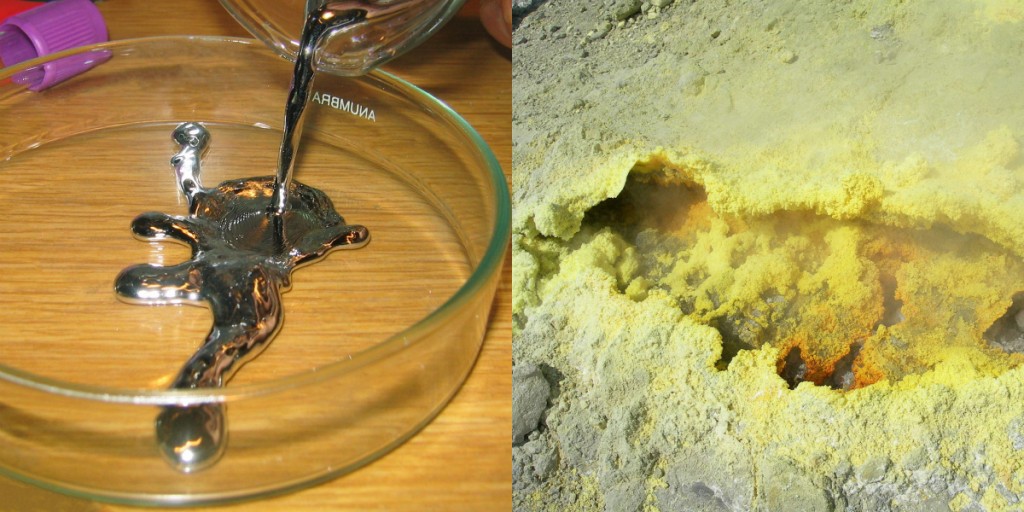 On the left is some elemental mercury, the only metal that exists as a liquid at room temperature. It has all the other expected properties of a metal. On the right, elemental sulfur is a yellow nonmetal that usually is found as a powder. “Pouring liquid mercury bionerd” is licensed under the Creative CommonsAttribution 3.0 Unported; “Sulphur-vulcano” by Heidi Soosalu is licensed under the Creative Commons Attribution-Share Alike 3.0 Unported.