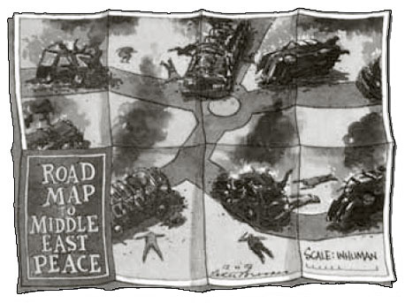 A comic called "Road Map to Middle East Peace" showing multiple car accidents