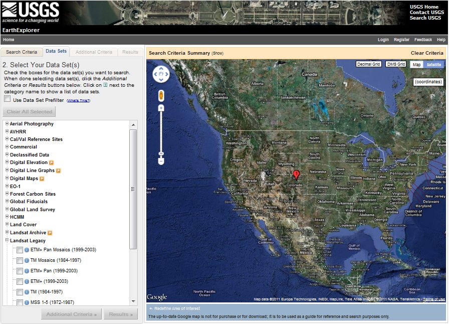 Screenshot of Earth Explorer data set selection