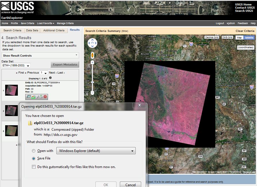 Screenshot of Earth Explorer download window