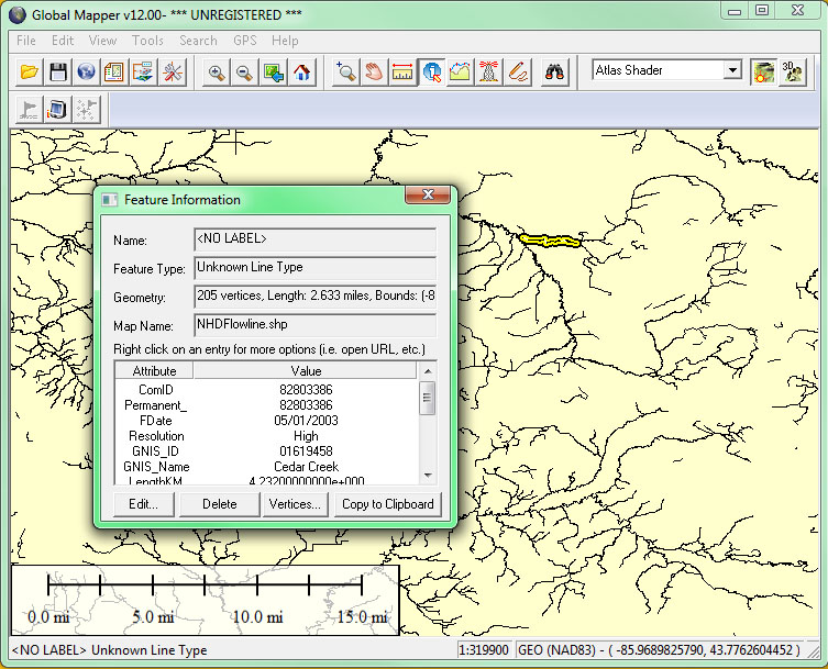 Screenshot of the feature information window in Global Mapper