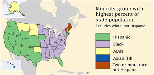 US map showing minority groups with higest percent population for each state