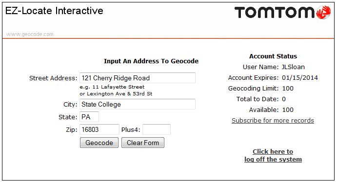 Screenshot of the Tele Atlas Geocode.com adress submission window
