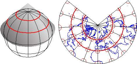 Conceptual model of a Lambert Conformal Conic map projection (left) and the resulting map (right)