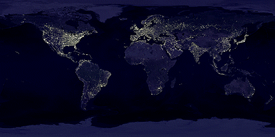 Nighttime composite image of earth showing lights from cities and towns