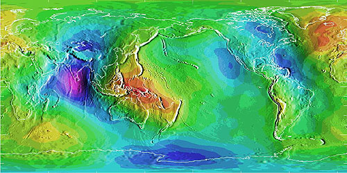 World map showing the differences in elevation between a geoid and a reference ellipsoid.