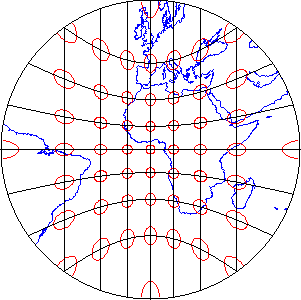 World map projection showing distortion ellipses that illustrate distortion pattern characteristic of an azimuthal projection