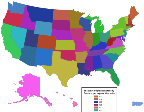 A US unique values map showing hispanic population density for each state