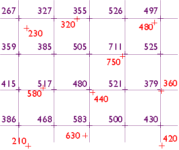A grid of elevation values that were interpolated from an irregularly-spaced array