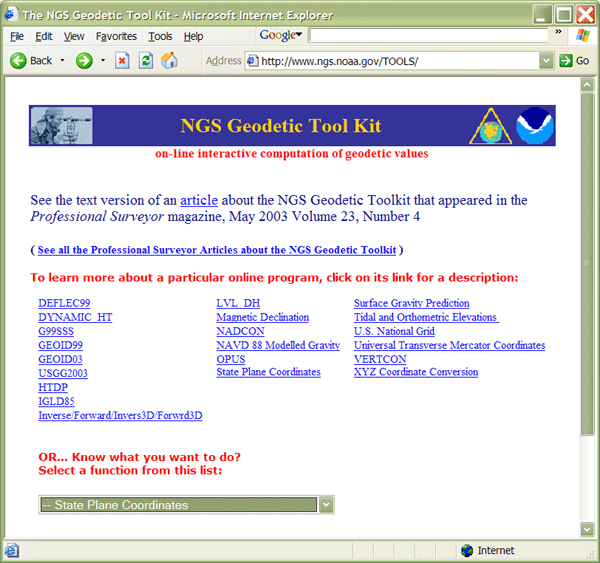 Screenshot of the NGS Geodetic tool kit website