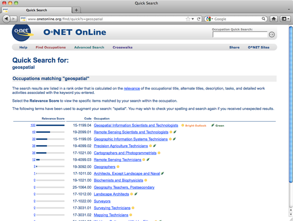 Screen capture of Department of Labor's O-Net site