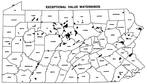Map of Pennsylvania showing exceptional value watersheds
