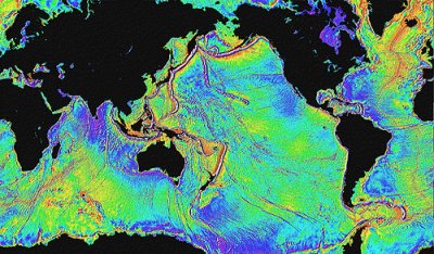Satellite image showing global bathymetry predicted from sea surface elevations