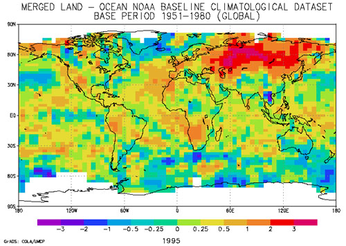 A map showing gridded temperature data