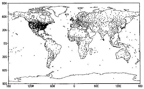 Locations of temperature climate records used to create a gridded temperature map