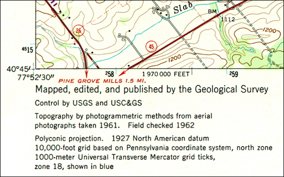 Southwest corner of a USGS topographic map of Pine Grove Mills