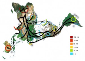 World map of human migrations based on studies of mitochondrial (matrilinear) DNA. Dashed lines are hypothetical migrations. Numbers represent thousand years before present (BPE).The blue line represents area covered in ice or tundra during the last great ice age. The letters are the mitochondrial DNA haplogroups (pure motherly lineages); Haplogroups can be used to define genetic populations and are often geographically oriented.