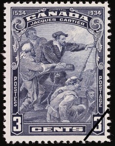 Postage stamps became an effective way of transmitting images and understandings of the past, starting in the late 19th century. In this 1934 three-cent stamp commemorating the 400th anniversary of Cartier's first voyage, the captain is depicted as enthusiastically -- almost impatiently -- leading his crew at the ship's rudder.