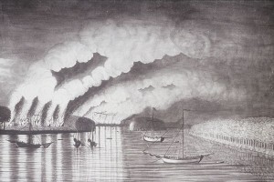 "A View of the Plundering and Burning of the City of Grymross" was painted in 1758 and is thought to be the only contemporaneous  study of the Acadian deportation. One gets a sense of the "scorched earth" policy at work, although the scalpings are not depicted here. (Grimross is now Gagetown, New Brunswick.)