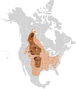 Map of the extermination of the bison to 1889. This map based on William Temple Hornaday's late-nineteenth-century research. dark numbers indicate number of bison as of January 1st 1889 in remaining areas. Light numbers give date of local extermination. Light brown indicates original range, brown shows range in 1870. Dark brown shows remainder in 1889.