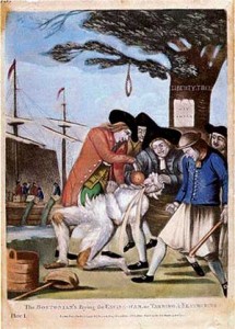 "The Bostonians Paying the Excise-man, or Tarring and Feathering" (1774) is attributed to Philip Dawe. John Malcolm, the Commissioner of Customs (a tax collector) is the focus of the mob's attention here. He was subsequently hoisted into the liberty tree.