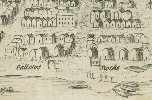 An orderly representation of early Halifax, 1750, complete with stocks and gallows by the waterfront.