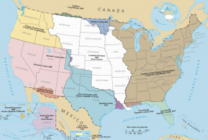 American expansion westward in the 19th century was a source of concern and conflict in the Red River, in the Cypress Hills, the Oregon Territory, and southern British Columbia. (Source: USA, National Atlas of America. In the Public Domain in the USA.)